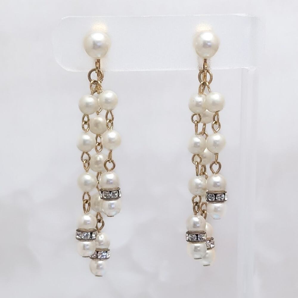Vintage Clip On Earrings Extra Long Drop 3 Strand Faux Pearl Dangle